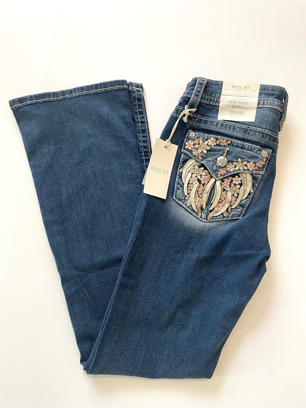 Miss Me Mid Rise Boot Cut Blue Women's 28 Jeans with Embroidered Back Pockets